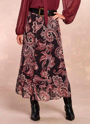 Doce Trama - Saia Longa Jardim Boho em Chiffon Estampado - DOCE TRAMA