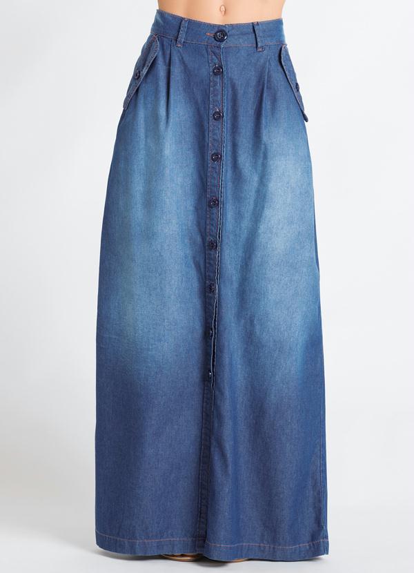 Quintess - Saia Longa Jeans Azul com Botões Frontais 10