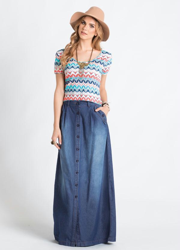 Quintess - Saia Longa Jeans Azul com Botões Frontais 7