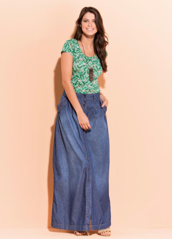 Quintess - Saia Longa Jeans Azul com Botões Frontais 8