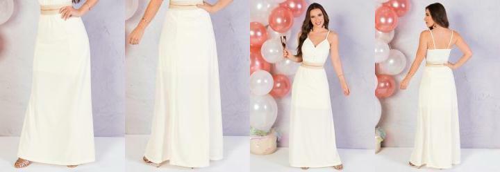 Saia Longa Off White com Elstico Dourado