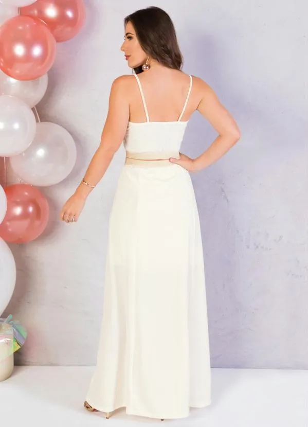 Moda Pop - Saia Longa Off White com Elástico Dourado 4
