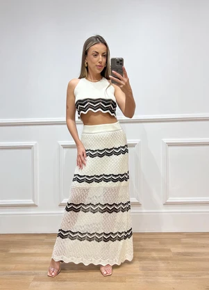 Doce Tom - Saia Longa Preta Elegante Feminina Off White - DOCE TOM