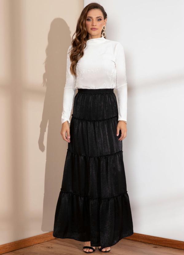 Outlet - Saia Longa Preta em Camadas com Babados 3