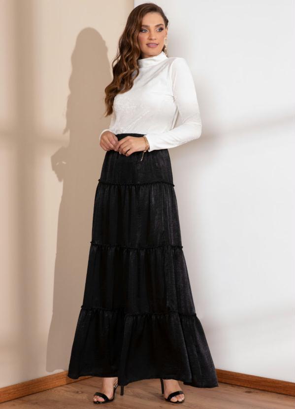 Outlet - Saia Longa Preta em Camadas com Babados 5