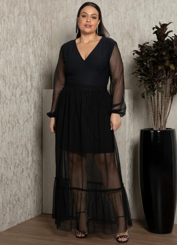 Quintess - Saia Longa Preta em Tule Plissado 8