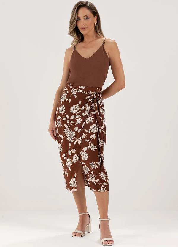 Principessa - Saia Longuete com Estampa Floral Marrom e Off White Liara 3