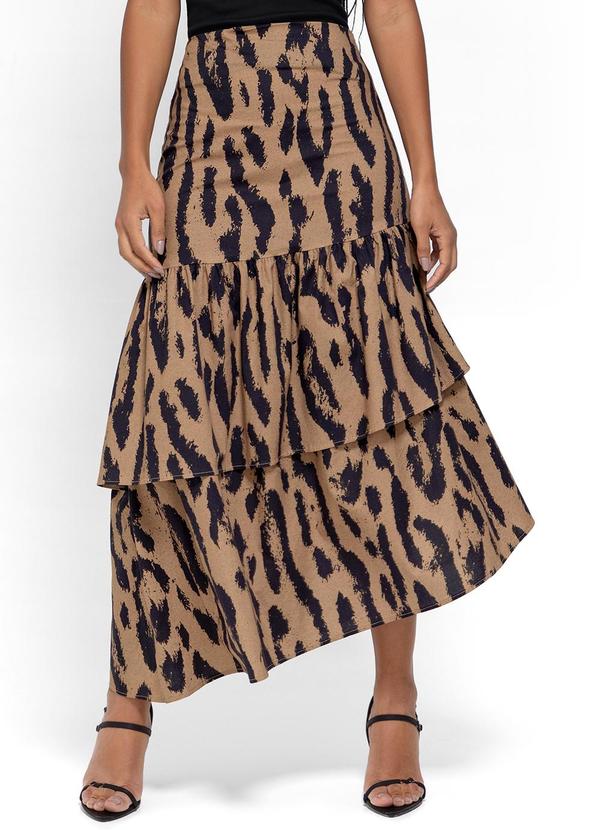 Enfim Saia Marrom Longa Assimétrica Animal Print