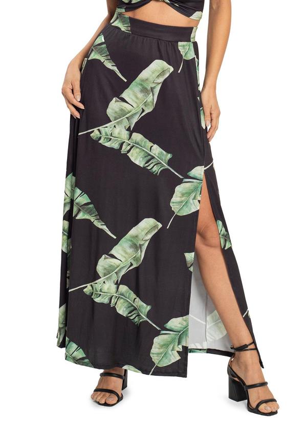 Rovitex - Saia Midi Folhagem Malha Delicate Preto