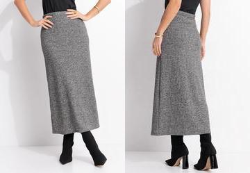 Saia Midi Reta em Malha Tric� Canelada com El�stico na Cintura