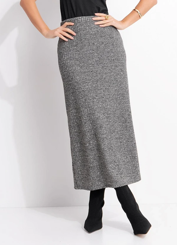 Quintess - Saia Midi Reta em Malha Tricô Canelada com Elástico na Cintura 8