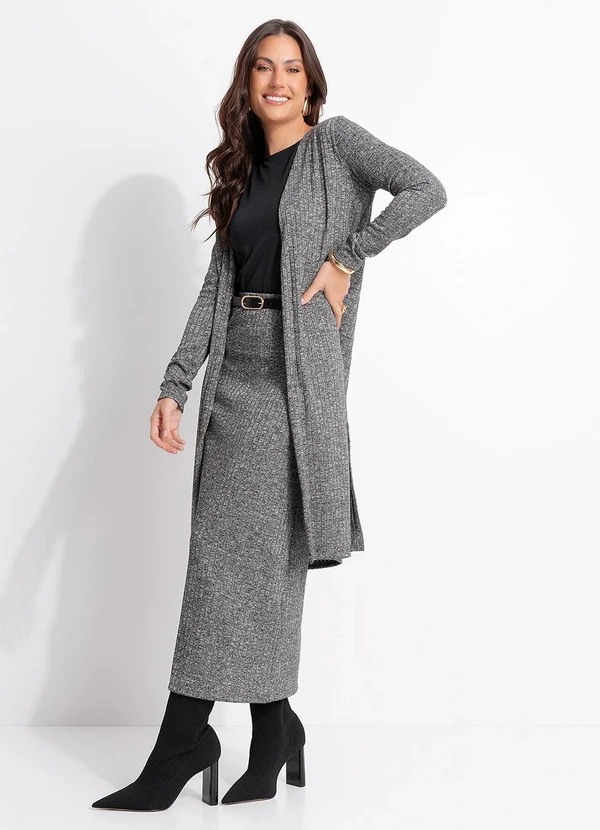 Quintess - Saia Midi Reta em Malha Tricô Canelada com Elástico na Cintura 6