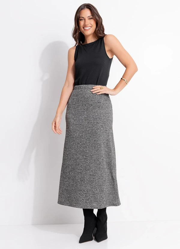 Quintess - Saia Midi Reta em Malha Tricô Canelada com Elástico na Cintura 1