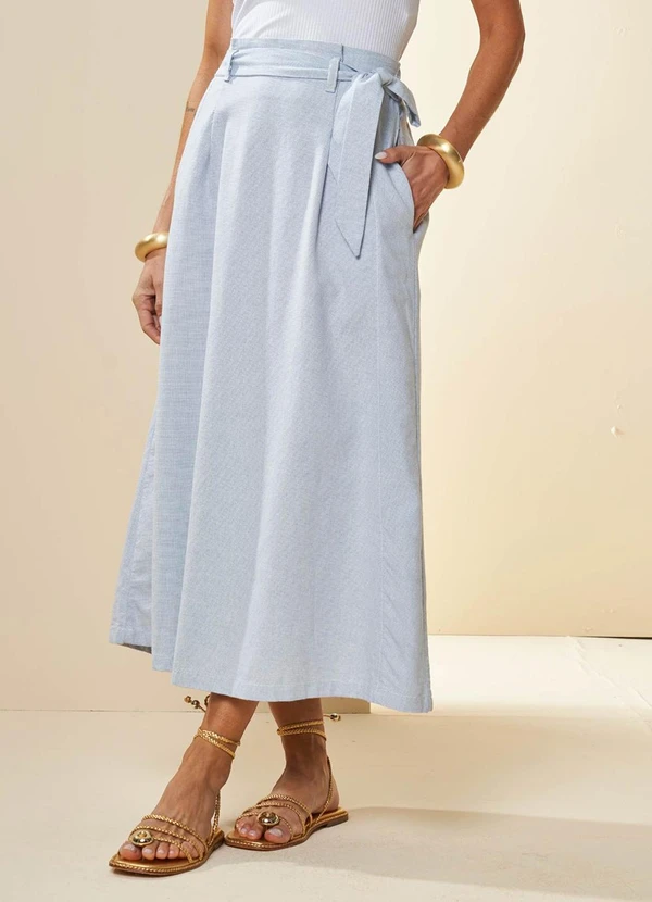 Doce Trama - Saia Midi Veraneio em Sarja com Textura Azul