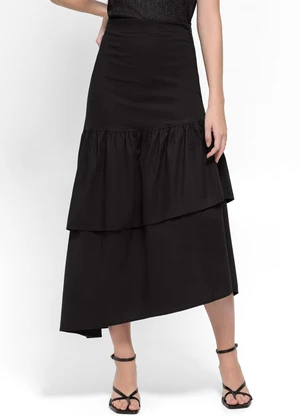 Enfim - Saia Preta Longa Assimétrica em Algodão - ENFIM