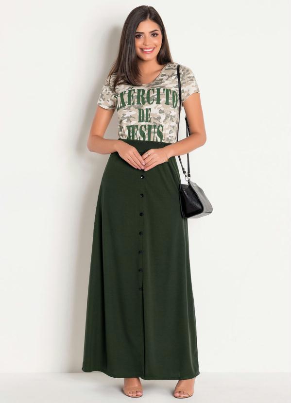 Rosalie - Saia Verde Militar Moda Evangélica com Botões 3