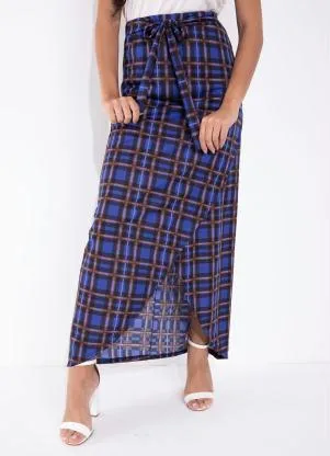 Queima Estoque - Saia Xadrez Azul com Faixa Fixa Moda Evangélica - QUEIMA ESTOQUE