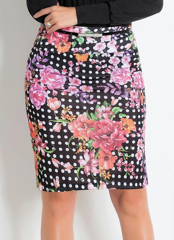 Outlet - Saia com Fenda nas Laterais Poá e Flores