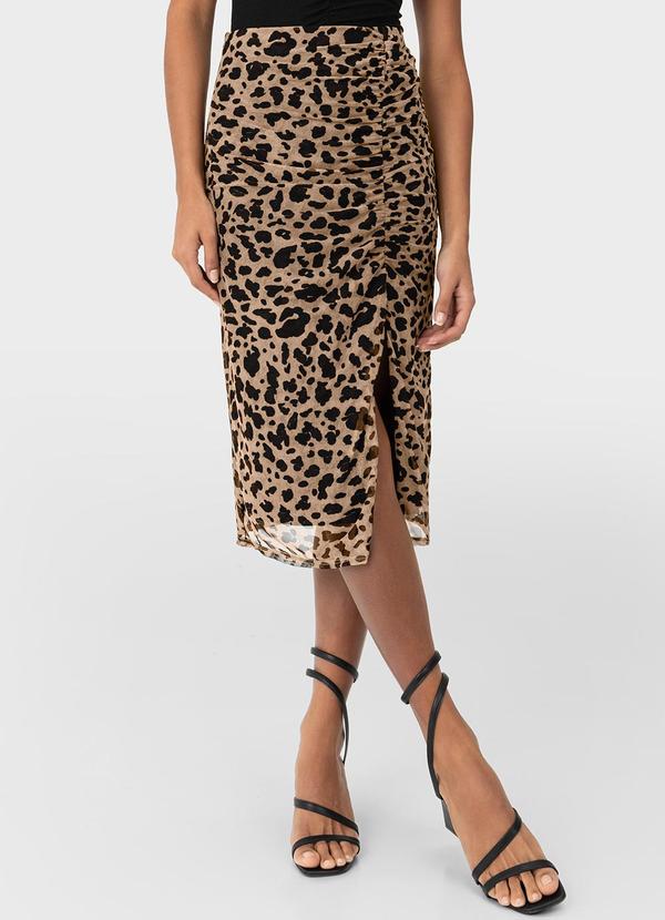 Malwee - Saia Animal Print Midi com Franzido Bege