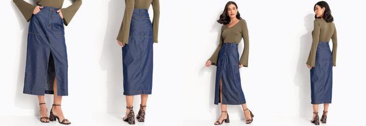 Saia Azul Escura em Jeans Sarjado