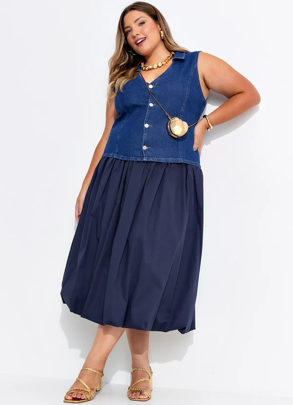 Quintess - Saia Balonê Azul Marinho em Tricoline