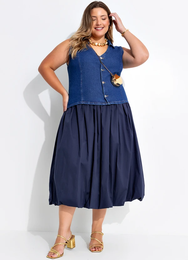 Quintess - Saia Balonê Azul Marinho em Tricoline 13