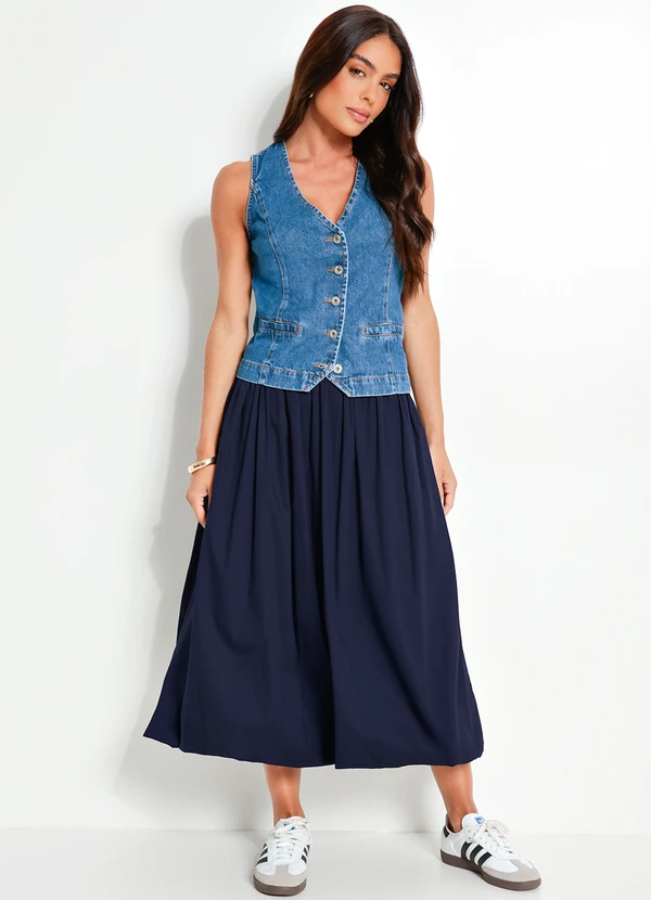 Quintess - Saia Balonê Azul Marinho em Tricoline 3