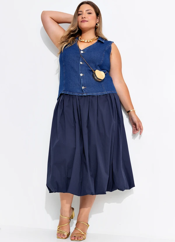 Quintess - Saia Balonê Azul Marinho em Tricoline 10