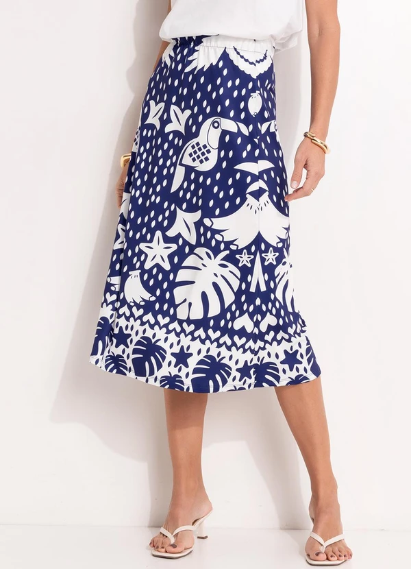 Quintess - Saia Barrado Azul em Malha Fria