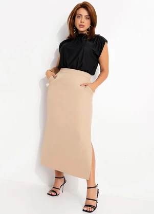 Quintess - Saia Bege Claro em Crepe Plano - QUINTESS