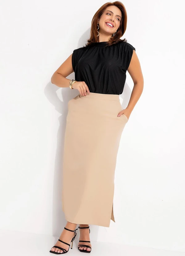 Quintess - Saia Bege Claro em Crepe Plano