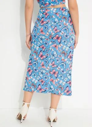 Moda Pop - Saia Borboleta Azul com Fenda e Franzido - MODA POP