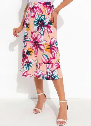 Saia com Babado Floral Bege Queima de Estoque