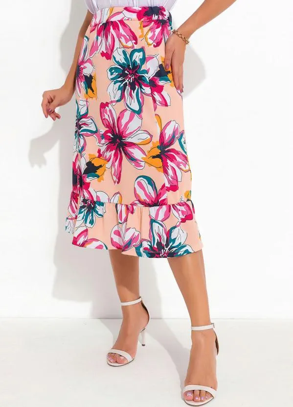 Outlet - Saia com Babado Floral Bege