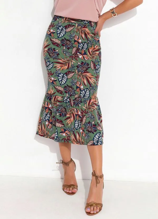 Outlet - Saia com Babado Folhas Verde