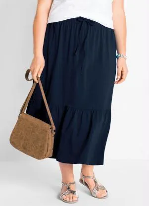 bonprix - Saia com Cordão e Babado Azul Marinho - BONPRIX