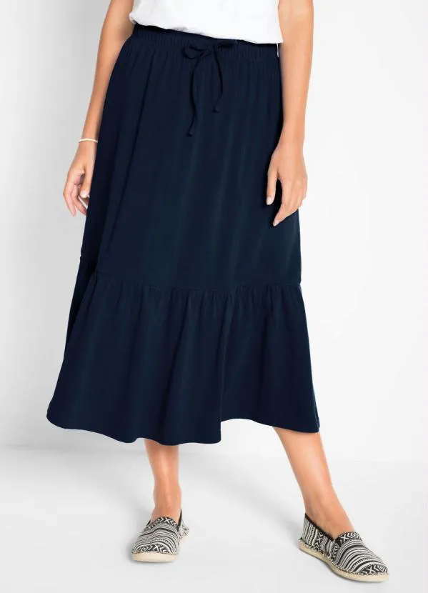 bonprix - Saia com Cordão e Babado Azul Marinho