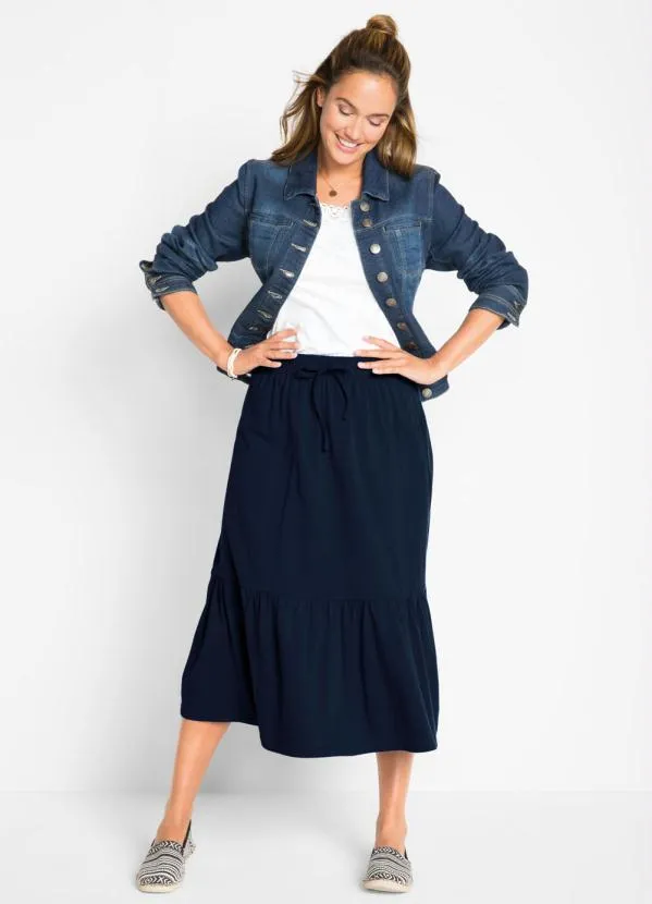 bonprix - Saia com Cordão e Babado Azul Marinho 3