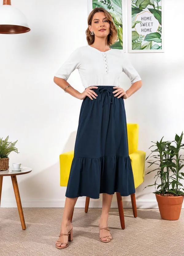 bonprix - Saia com Cordão e Babado Azul Marinho 5