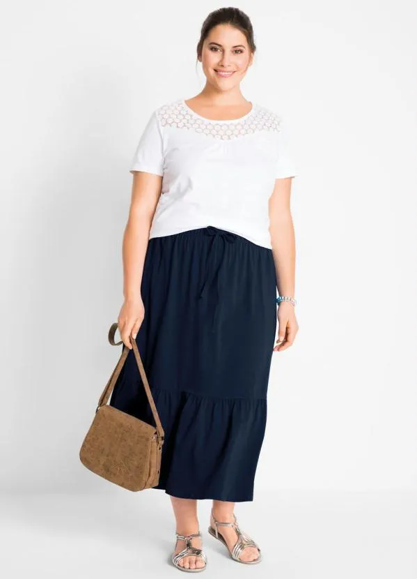 bonprix - Saia com Cordão e Babado Azul Marinho 9