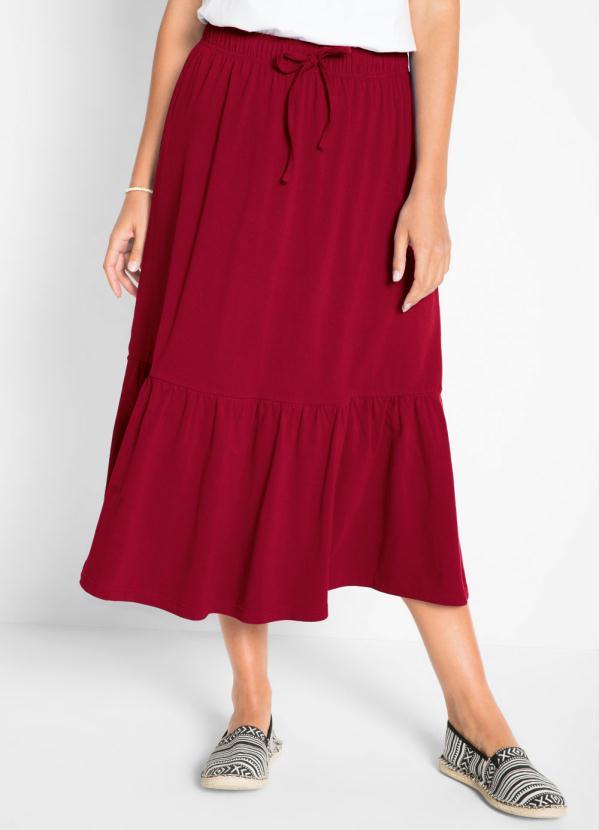 bonprix - Saia com Cordão e Babado Vermelha