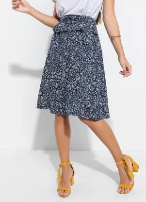 Queima Estoque - Saia com Cordel Floral Marinho Moda Evangélica - QUEIMA ESTOQUE