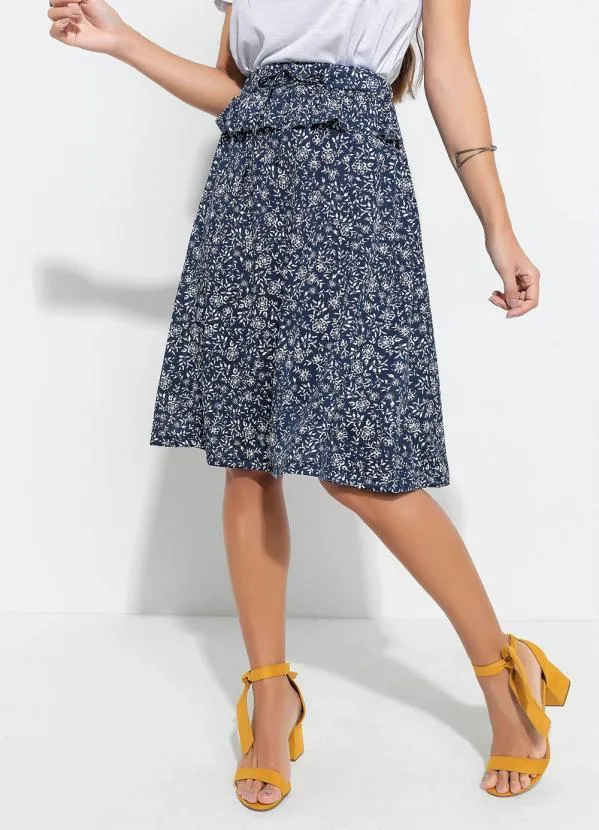 Queima Estoque - Saia com Cordel Floral Marinho Moda Evangélica