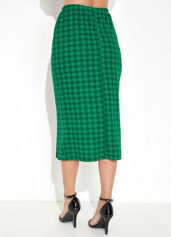 Moda Pop - Saia com Elástico e Fenda Pied Poule Verde 2