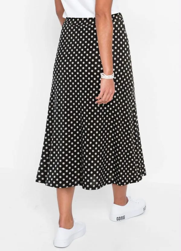 bonprix Saia com Fendas Midi Poá Preto