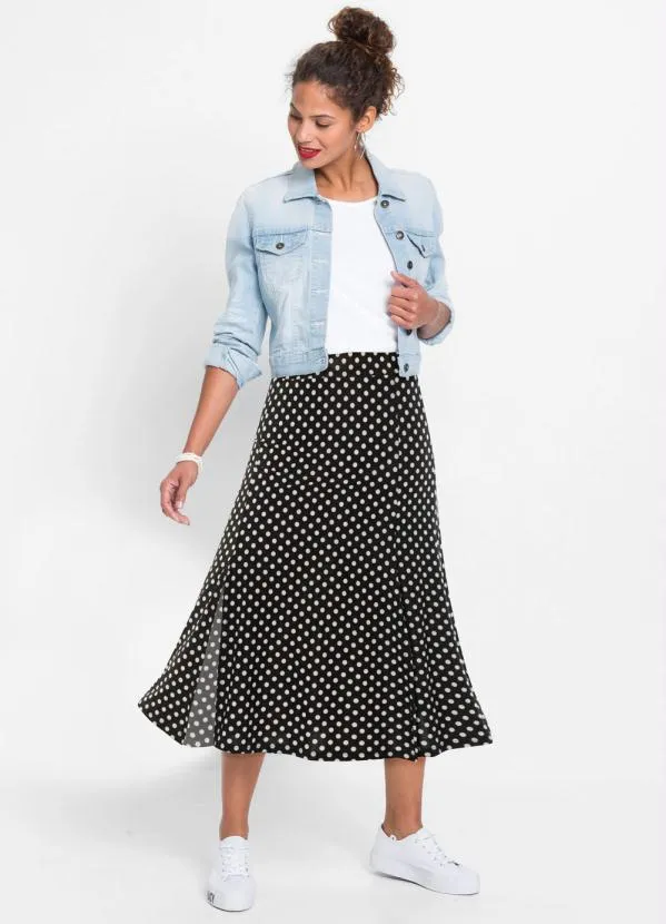 bonprix - Saia com Fendas Midi Poá Preto 4