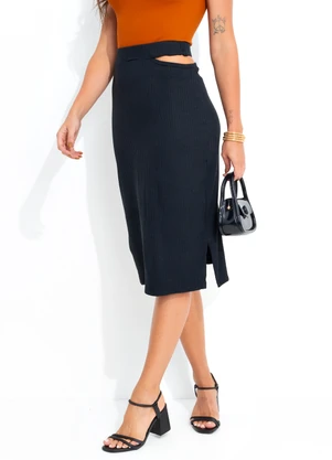 bonprix - Saia com Recorte Midi Preta - BONPRIX