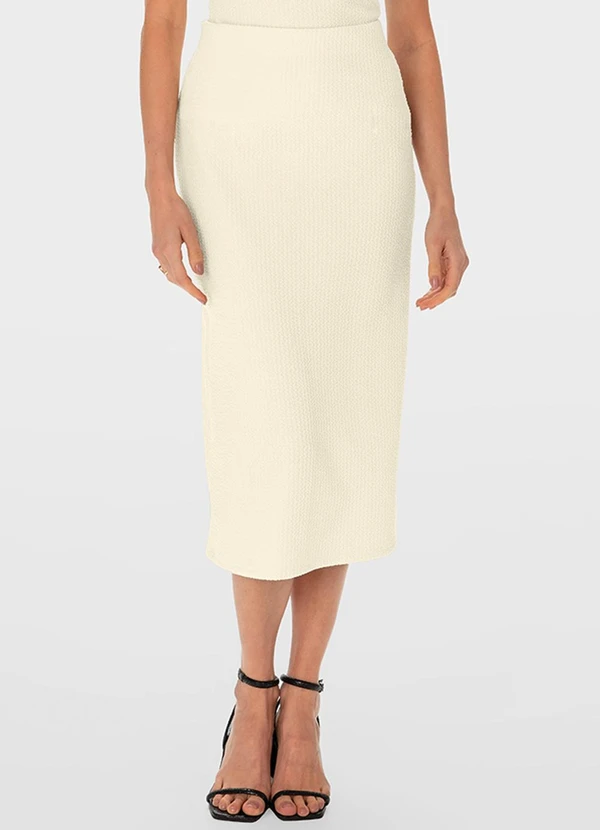 Malwee - Saia Creme Mídi Reta Texturizada