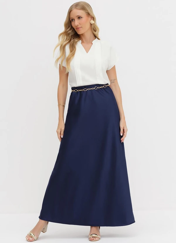 Principessa - Saia Longa em Crepe Acetinado Marinho Meire 3