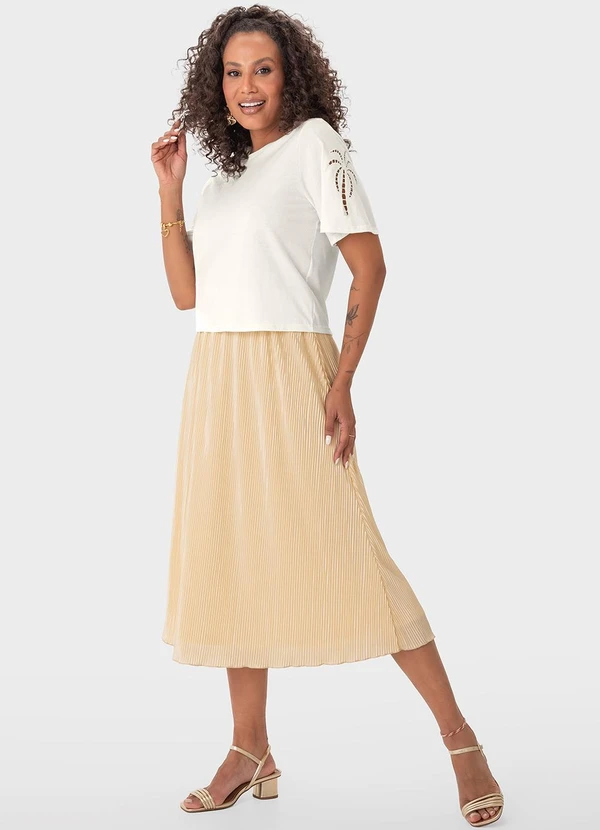 Malwee - Saia Dourada Midi Evasê Plissada 2